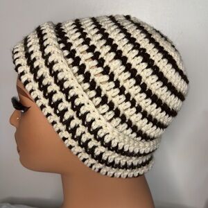 Striped Cream and Brown Crochet Beanie